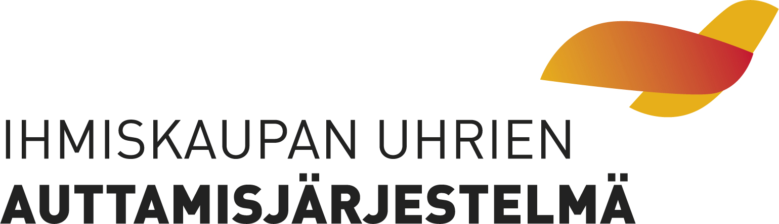 Ihmiskaupan uhrien auttamisjärjestelmän logo, jossa on oranssi lintu ja musta teksti valkealla pohjalla. Teksti on Ihmiskaupan uhrien auttamisjärjestelmä.